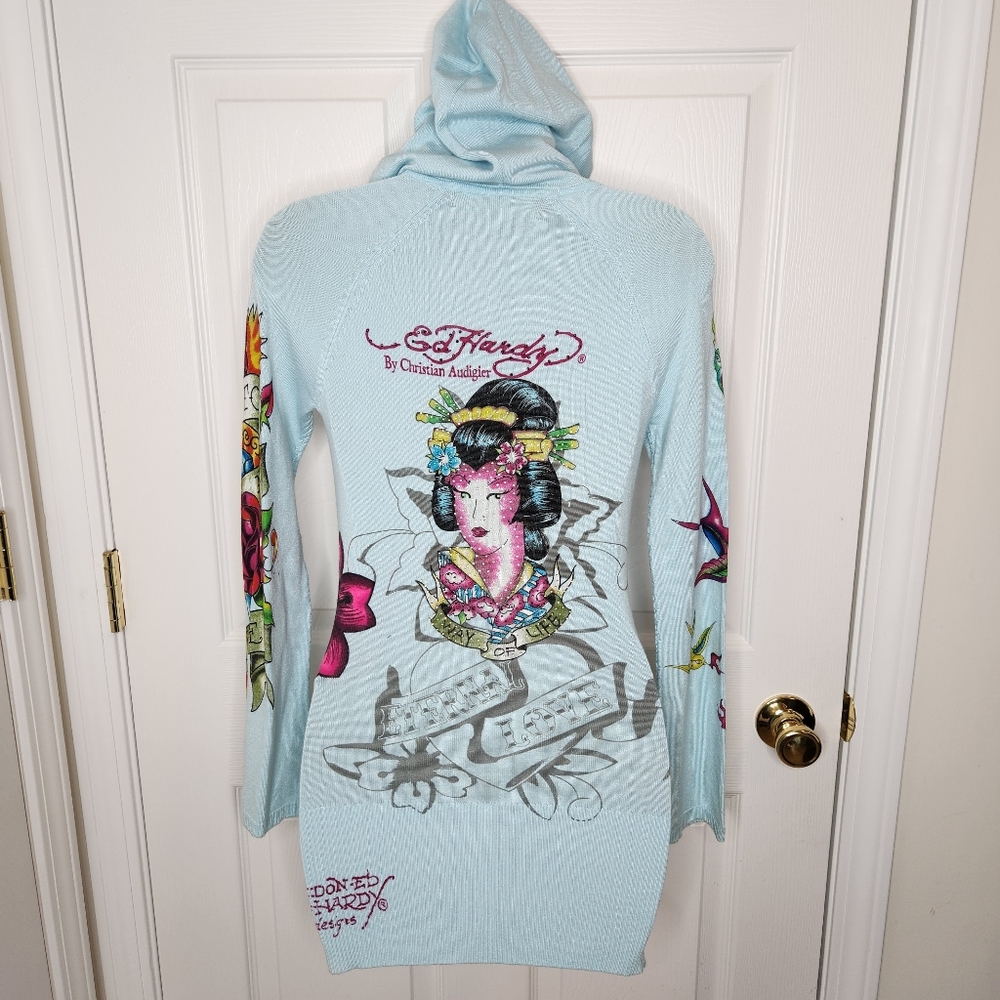 Ed Hardy x Christian Audigier Hooded Sweater Mini Dress Size XS Rhinestone - Picture 5 of 16